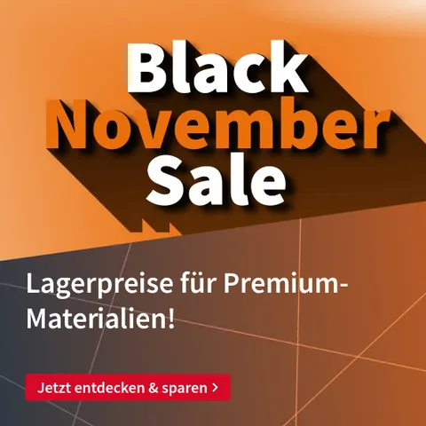 Trotec Black November Sale-Banner mit Lagerpreisen für hochwertige Lasermaterialien