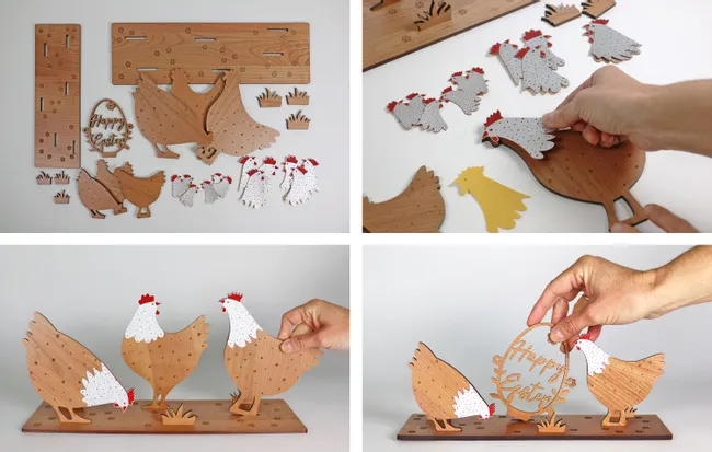 Décoration de poule de Pâques en bois découpée au laser et assemblée à l'aide de la machine gravure laser Trotec CO₂.