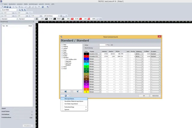 Trotec JobControl software displaying material database for CO₂ laser engraving and cutting