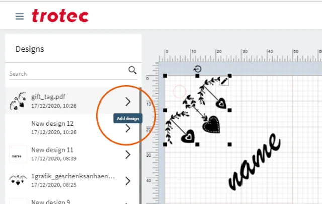 Trotec Ruby software interface displaying laser engraving design with hearts and text