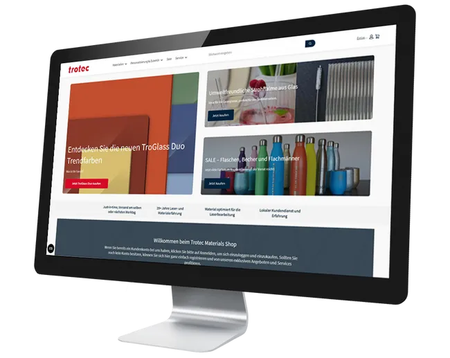 Trotec Materials Shop on screen showcasing TroGlass and laser cutting accessories