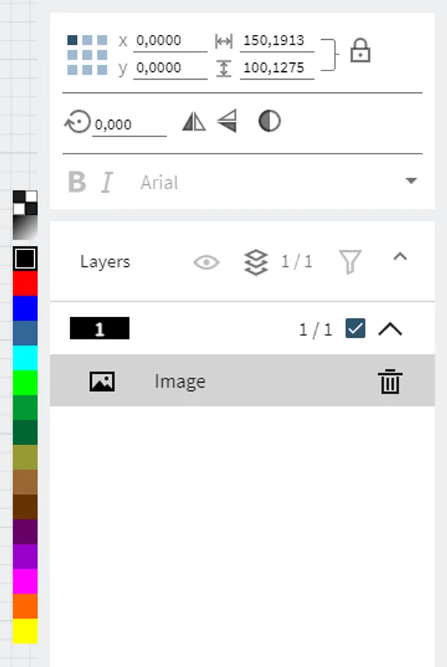 Die Schnittstelle der Trotec Ruby® Software zeigt die Einstellungen der Bildebenen für das Lasergravieren