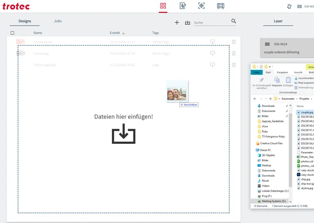 Interface du logiciel Trotec Ruby avec introduction d'un fichier photo pour la gravure laser