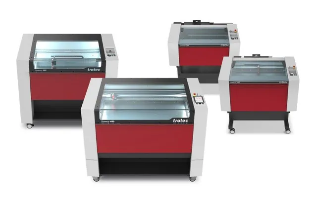 Trotec Speedy series CO₂ laser cutters including Speedy 100, 300, 360, and 400 models