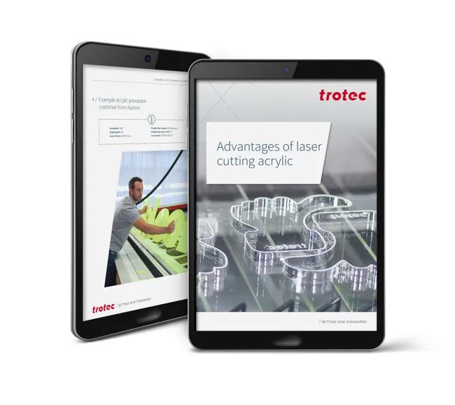 Trotec laser cutting acrylic shapes displayed on digital brochure with Speedy series machine in use