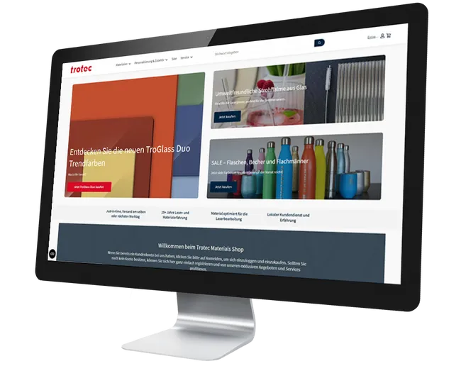Trotec Materials Shop on screen showcasing TroGlass and laser cutting accessories