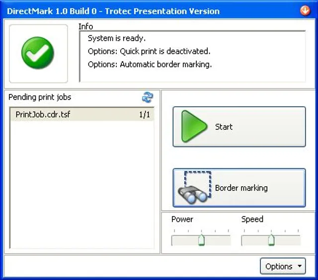 Die Schnittstelle der Trotec DirectMark Laser Software zeigt die Optionen für Druckaufträge und Randbeschriftungen