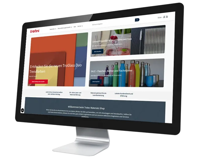 Trotec Materials Shop on screen showcasing TroGlass and laser cutting accessories