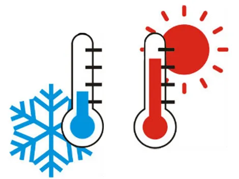 Thermometer, die Kälte mit Schneeflocke und Hitze mit Sonne zeigen und die Temperaturextreme darstellen