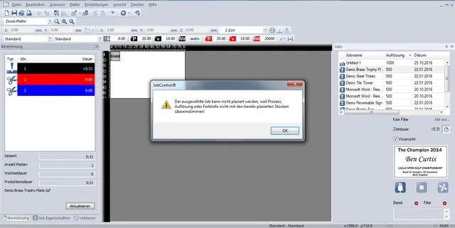 レーザー彫刻機のジョブセットアップ中にJobControl®ソフトウェアがプロセスミスマッチエラーを表示
