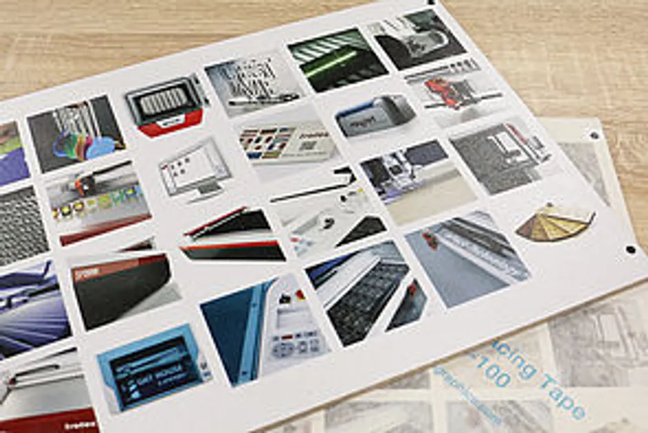 Laser-engraved sample sheet showing Trotec laser cutter and engraving machine applications