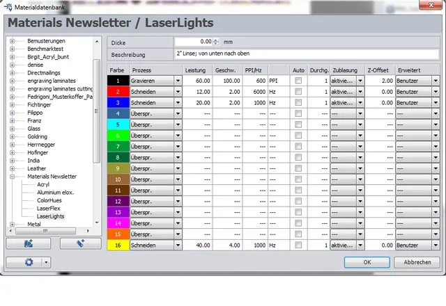 Trotec Ruby software materiaalinstellingen voor LaserLights met lasersnelheid, vermogen en procesgegevens
