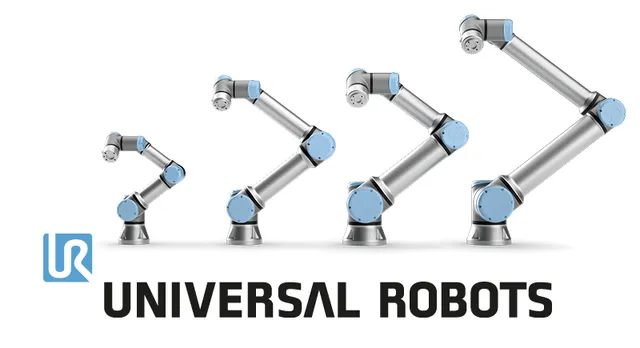 Universal Robots kollaborative Roboterarme in verschiedenen Positionen über dem Firmenlogo