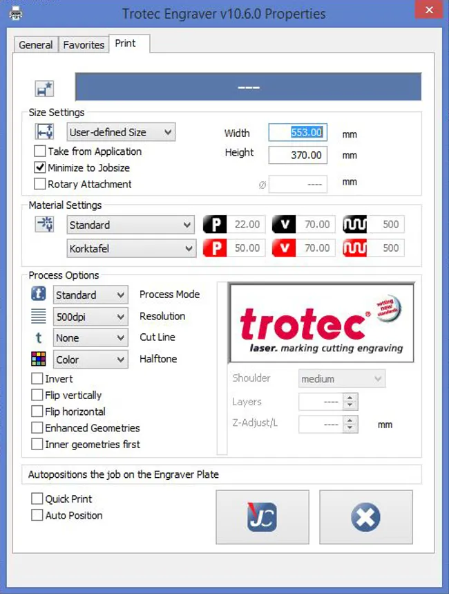 Trotec Engraver v10.6.0 finestra di impostazioni per il taglio e l'incisione laser con la macchina della serie Speedy