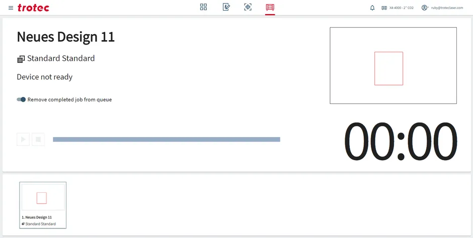 Trotec Ruby® software interface showing laser job queue with device not ready status