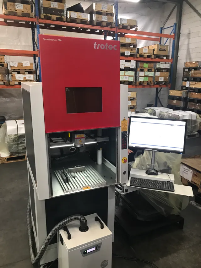 Trotec SpeedMarker 700 laser marking machine operating in industrial workshop