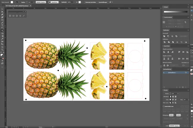 Diseño de impresión y corte con tema de piña preparado para la cortadora láser Trotec en software gráfico