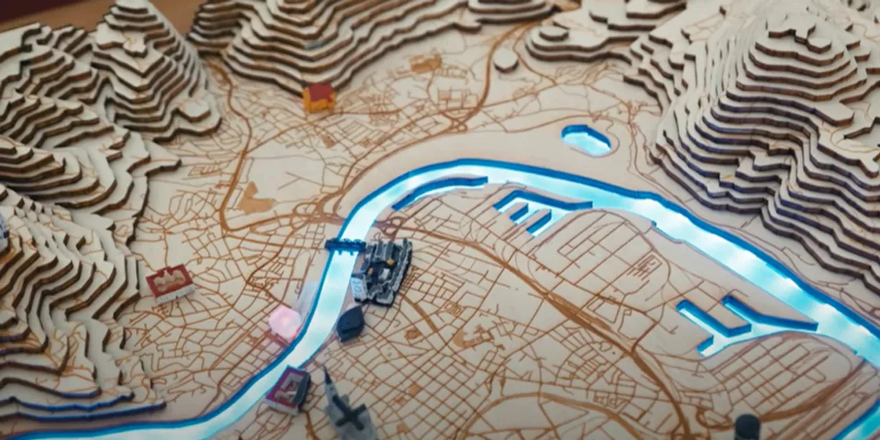 Topographic city map cut and engraved with Trotec laser cutter showing rivers, buildings, and terrain layers