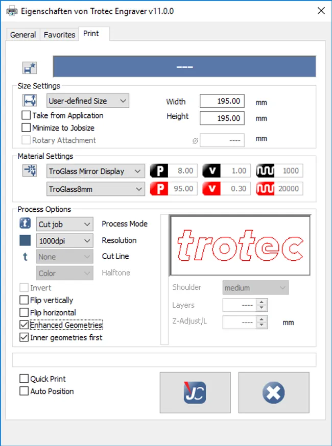 trotec configuracion troglass 8mm