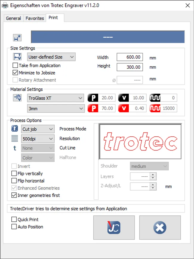 Trotec Engraver v11.2.0 Software-Schnittstelle mit der Speedy-Serie CO₂ Laserschneiden TroGlass XT