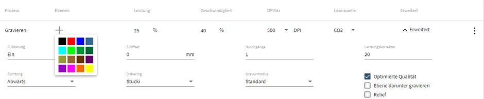 Interface de paramétrage du logiciel de gravure Trotec Ruby pour laser CO₂ avec sélection des couleurs et options de qualité.