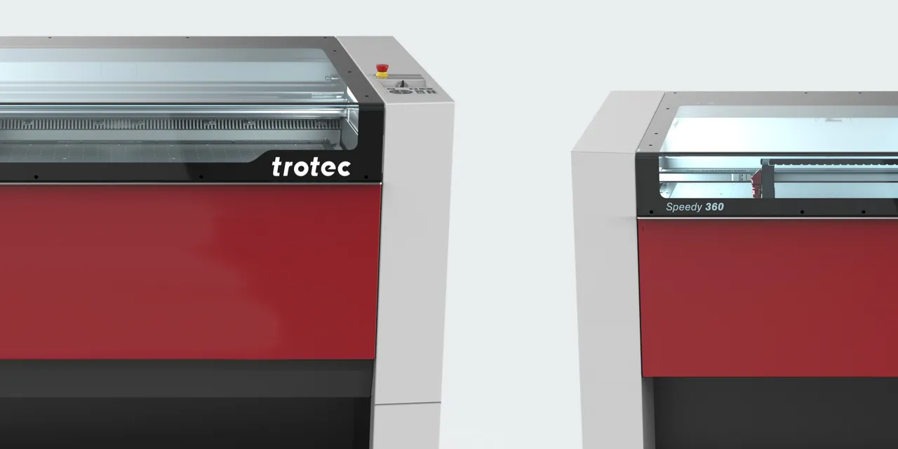 Trotec Speedy 400 en Speedy 360 CO₂ lasergraveermachines met rode en witte kasten