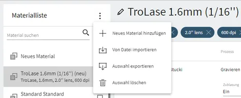 Trotec Ruby Software Materialliste mit Einstellungen für das Lasergravieren mit TroLase 1.6mm