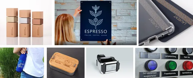 Specialgraverade produkter tillverkade med Trotecs laserskärare, inklusive utmärkelser, skyltar, fodral, flaskor och kontrollpaneler