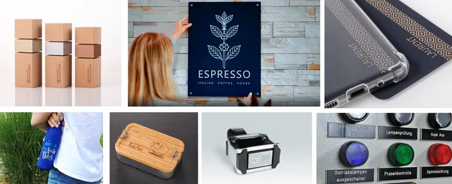 수상, 간판, 케이스, 병 및 제어판을 포함하여 Trotec 레이저 커터로 만든 맞춤형 각인 제품