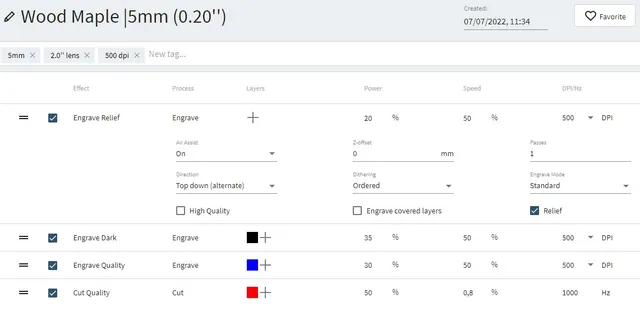 Paramètres du logiciel Trotec Ruby pour la gravure laser et la découpe de bois de 5 mm avec une machine laser CO₂.