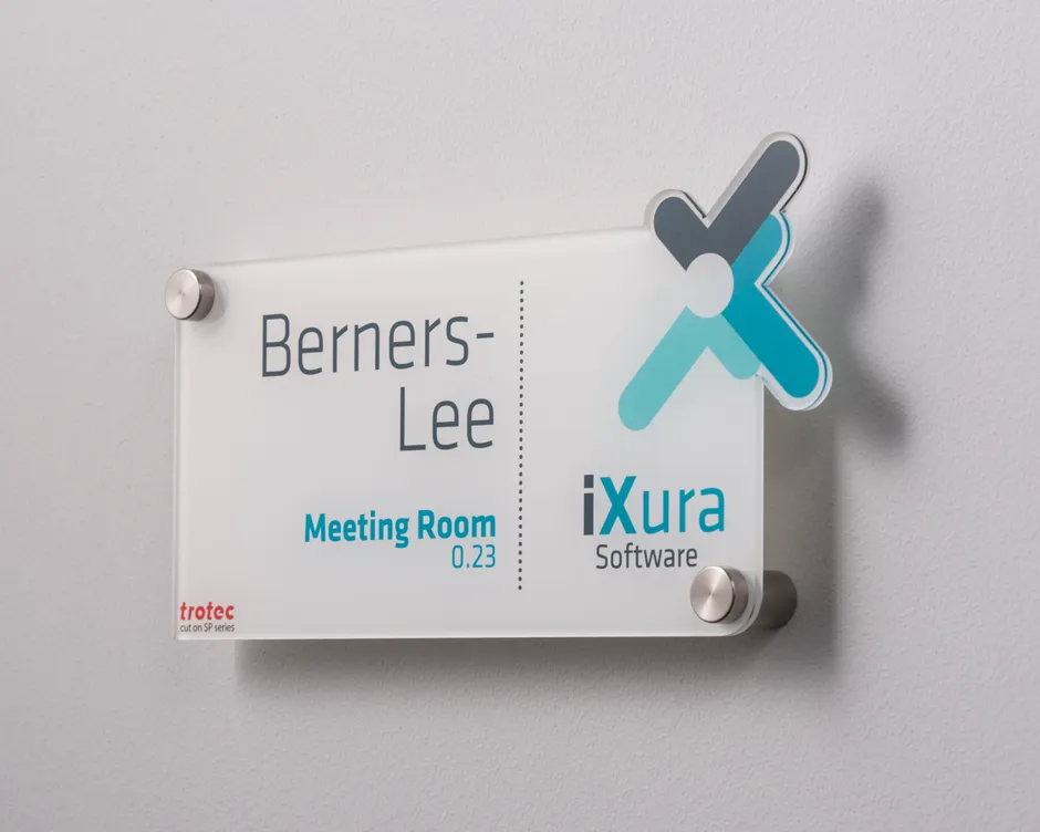 Trotec SP series laser-cut acrylic office sign for Berners-Lee meeting room at iXura Software