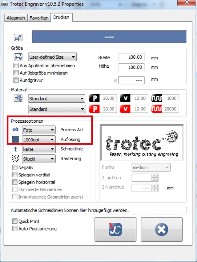 Die Schnittstelle der Trotec Engraver Software zeigt die Einstellungen für die Fotogravur mit einer Auflösung von 1000 dpi