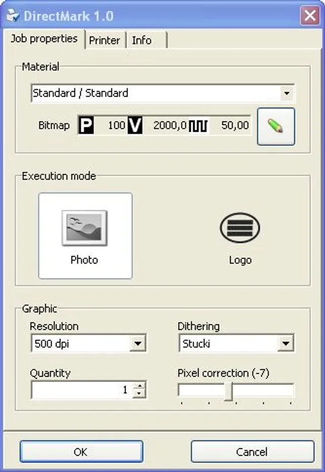 Trotec DirectMark 1.0 software-interface met de instellingen voor lasermarkeren in de fotomodus