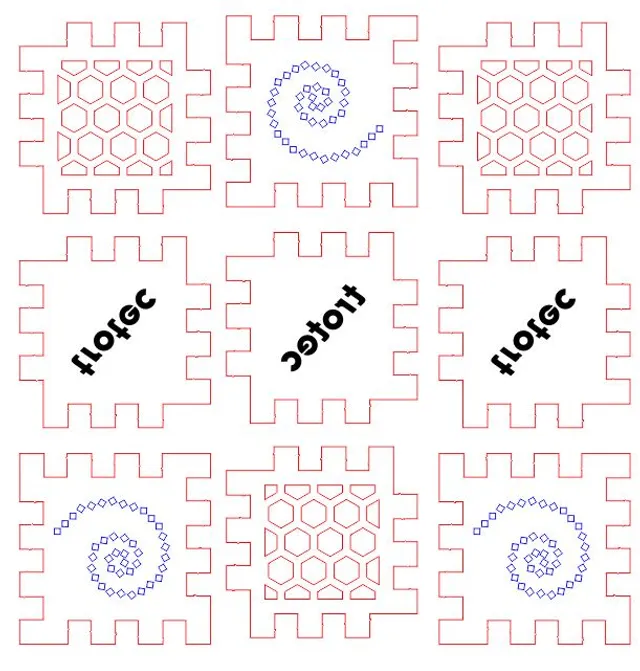 Grid of vector designs for Trotec laser cutting including spirals, honeycombs, and Trotec logos