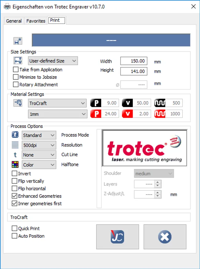 Trotec afdrukinstellingen: TroCraft Eco
