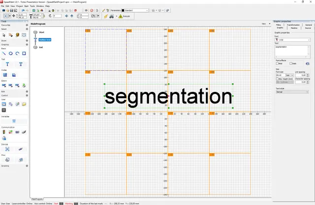 Trotec SpeedMark software-interface die segmentatietekstopmaak voor lasermarkeren weergeeft