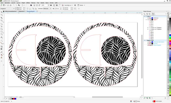 CorelDRAW file with intricate leaf pattern design prepared for Trotec laser cutting