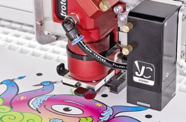 Trotec laser cutter with camera vision system aligning for precise print and cut on colorful graphic