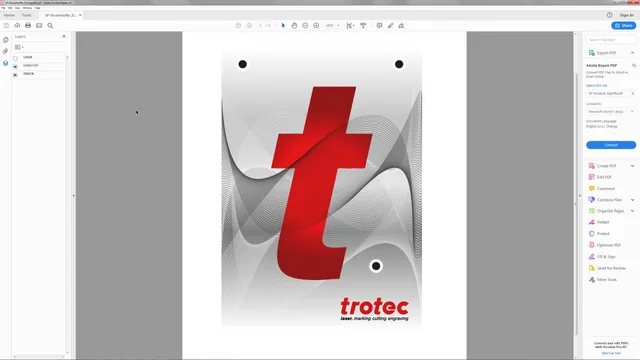 Muestrario Trotec cortado a láser con un gran logotipo rojo y un intrincado dibujo de fondo