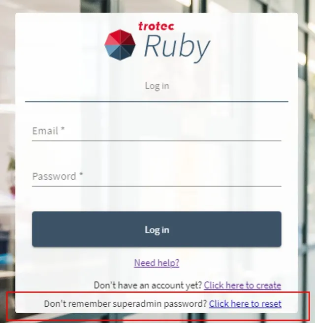 Anmeldebildschirm der Trotec Ruby® Software mit E-Mail- und Passwortfeldern