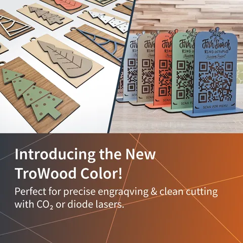 Colorful TroWood laser cut signs and tags engraved with Trotec CO₂ laser cutters