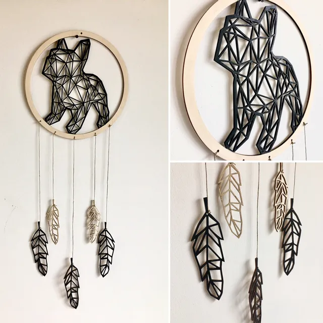 Geometric dog dreamcatcher with laser-cut wooden feathers made using Trotec laser cutter