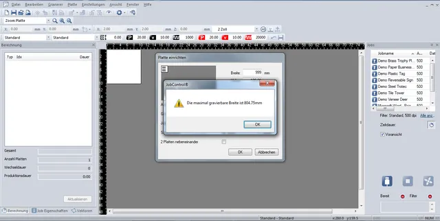 El software Trotec JobControl® muestra la advertencia de anchura de grabado en la interfaz láser de CO₂.