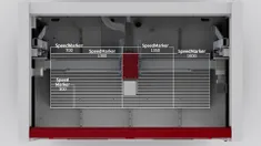 Intern aanzicht van de Trotec SpeedMarker lasermarkeermachine met de afmetingen van het werkgebied gelabeld