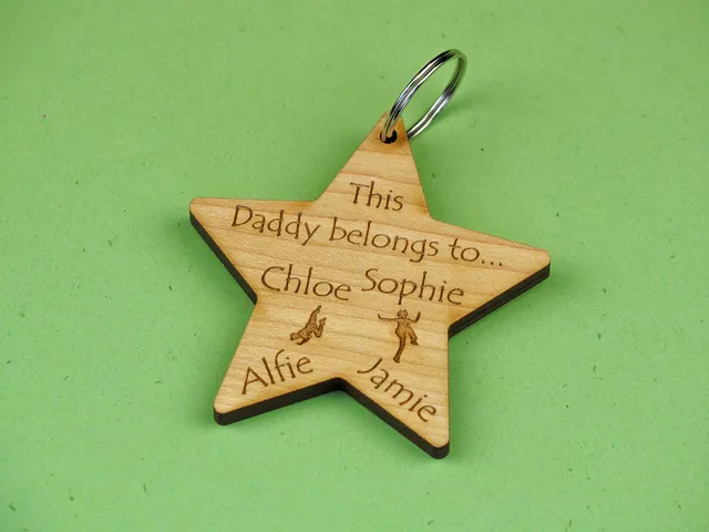 Personalized wooden star keyring engraved with names using Trotec CO₂ laser cutter