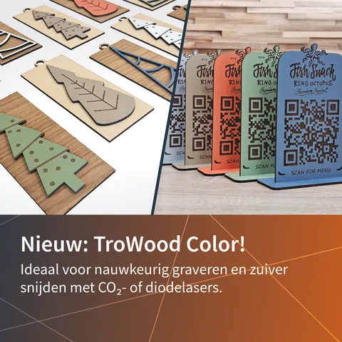 Kleurrijke TroWood borden en ornamenten precies gesneden met Trotec CO₂ of diode lasergraveermachines
