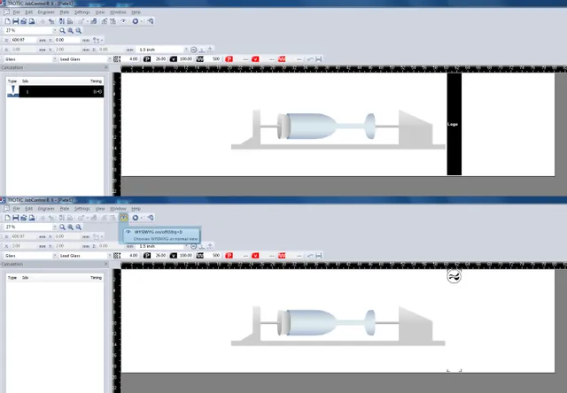 Trotec JobControl® Software zeigt die Einrichtung des Lasergravierens eines Glasobjekts mit einem CO₂-Laser