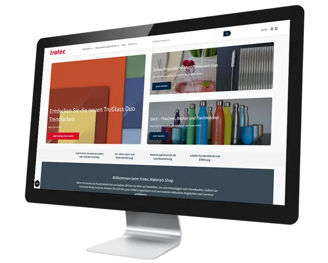Trotec Materials Shop on screen showcasing TroGlass and laser cutting accessories