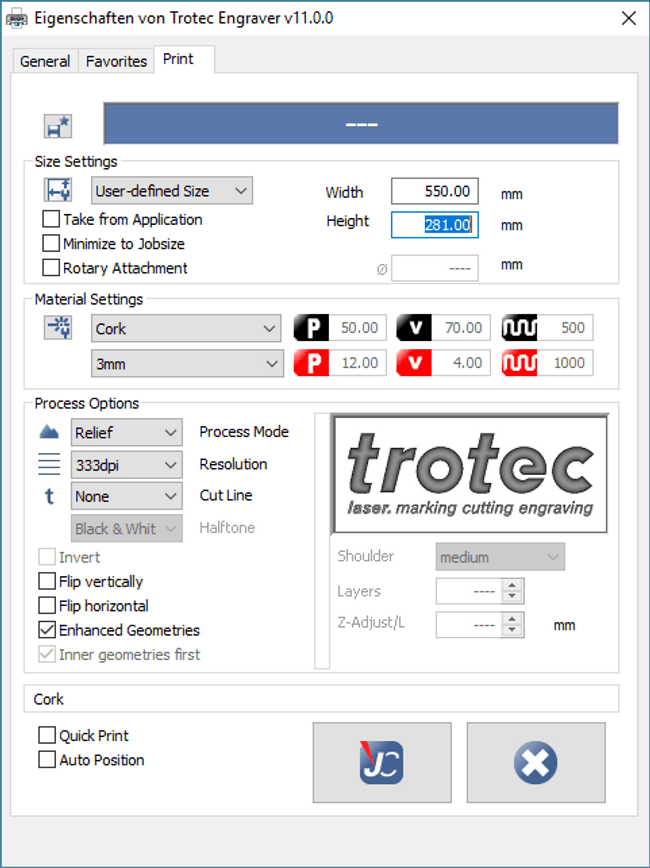 Trotec Laser Druckeinstellungen: Kork 6mm