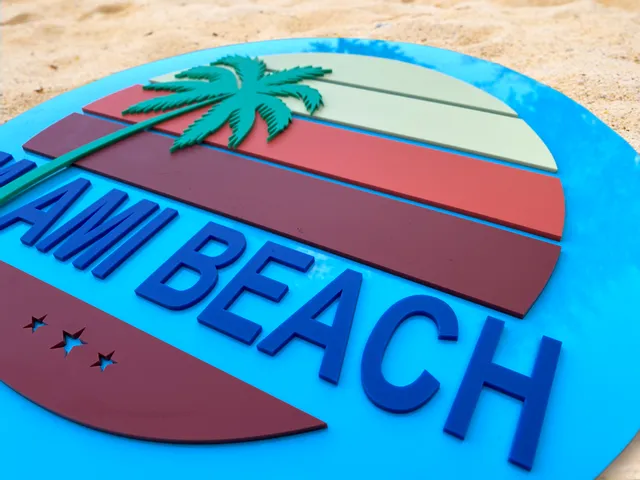 Colorful layered acrylic Miami Beach sign created with Trotec laser cutter